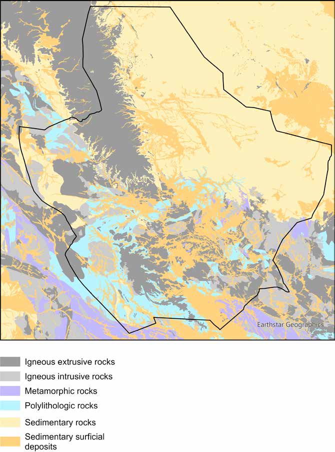 Geological map of AlUla County showing igneous extrusive and intrusive rocks, metamorphic rocks, polylithologic rocks, sedimentary rocks and sedimentary surficial deposits